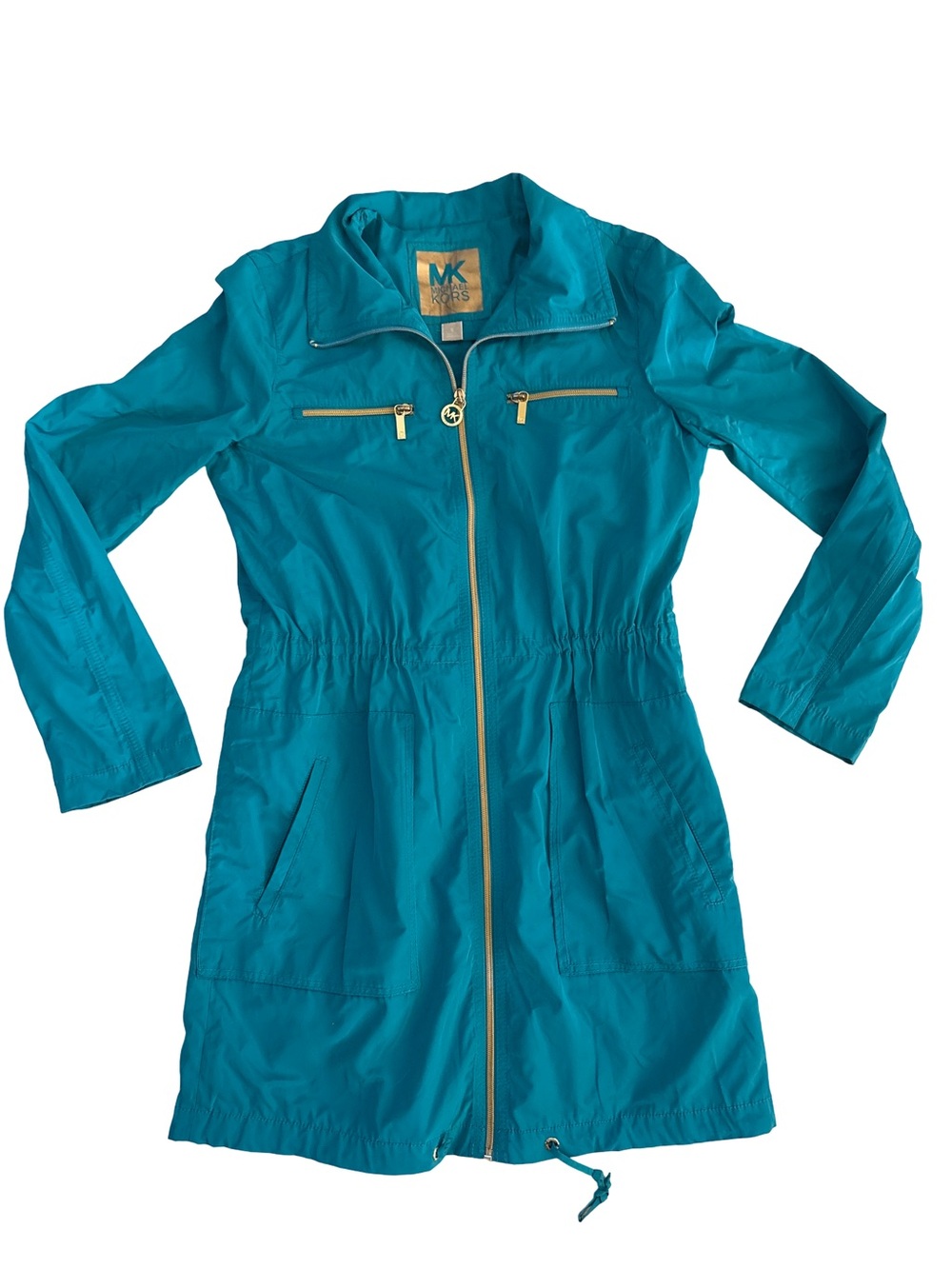 Michael Kors Teal Trench Coat with Gold-Tone Zippers